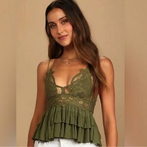 Free People NWT Adella Cami Crochet Lace Sleeveless Tiered Top Moss XS fits Smal